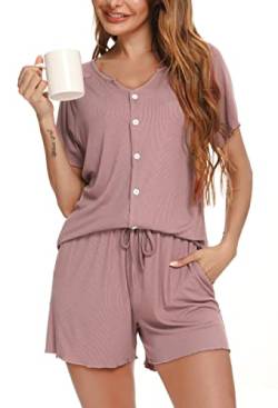 Vlazom Damen Schlafanzug Kurzarm Pyjama Set mit Knöpfe V-Ausschnitt Sleepwear Sommer Nachtwäsche(M,Stil B-Dunkelpink) von Vlazom