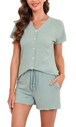 Vlazom Damen Schlafanzug Kurzarm Pyjama Set mit Knöpfe V-Ausschnitt Sleepwear Sommer Nachtwäsche(S,Stil B-Hellgrün) von Vlazom