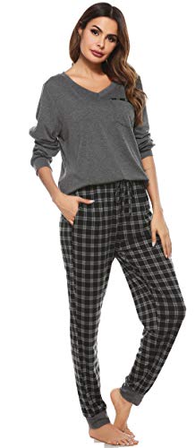 Vlazom Damen Schlafanzug Lang Zweiteiliger Schlafanzug Winter Pyjama Set V-Ausschnitt Langarm Pyjama Set(L,Grau) von Vlazom