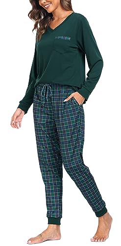 Vlazom Damen Schlafanzug Lang Zweiteiliger Schlafanzug Winter Pyjama Set V-Ausschnitt Langarm Pyjama Set(S,Stil 4-grün von Vlazom