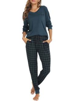 Vlazom Damen Schlafanzug Lang Zweiteiliger Schlafanzug Winter Pyjama Set V-Ausschnitt Langarm Pyjama Set(XL,Grün) von Vlazom