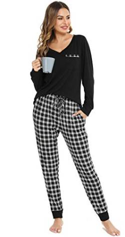 Vlazom Damen Schlafanzug Lang Zweiteiliger Schlafanzug Winter Pyjama Set V-Ausschnitt Langarm Pyjama Set(XL,Schwarz) von Vlazom
