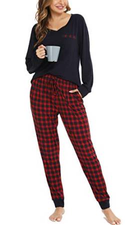 Vlazom Damen Schlafanzug Lang Zweiteiliger Schlafanzug Winter Pyjama Set V-Ausschnitt Langarm Pyjama Set(XXL,Rot) von Vlazom