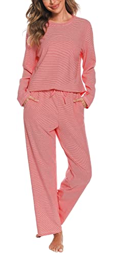 Vlazom Damen Schlafanzug Langarm Winter Pyjama Set Streifen Pyjama Warmer Hauseanzug für Damen(L,Stil C-Rot von Vlazom