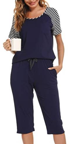 Vlazom Damen Schlafanzug Streifen Pyjama Set Rundausschnitt mit Brusttasche zweiteiliges Kurzarmhemd mit 3/4 Hose(S,Stil A-Marineblau) von Vlazom
