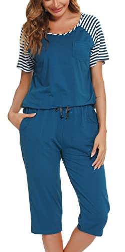 Vlazom Damen Schlafanzug Streifen Pyjama Set Rundausschnitt mit Brusttasche zweiteiliges Kurzarmhemd mit 3/4 Hose(S,Stil A-Seeblau) von Vlazom
