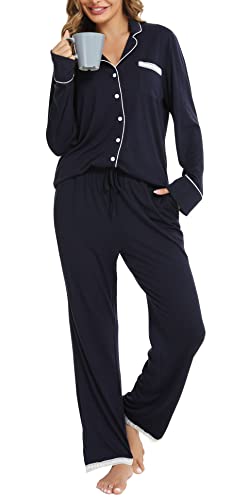 Vlazom Damen Schlafanzug Zweiteiliger Damen Pyjama mit Knopfleiste V-Ausschnitt Pyjama Set für Frauen Umlegekragen Lange Hose mit Gummibund Zweiteiliger Sleepwear(L,Marineblau) von Vlazom