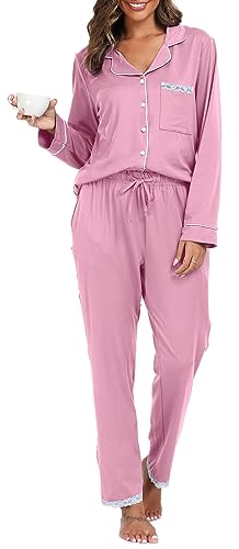 Vlazom Damen Schlafanzug Zweiteiliger Damen Pyjama mit Knopfleiste V-Ausschnitt Pyjama Set für Frauen Umlegekragen Lange Hose mit Gummibund Zweiteiliger Sleepwear(L,Rosa) von Vlazom