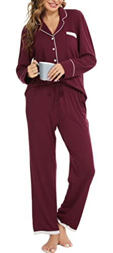 Vlazom Damen Schlafanzug Zweiteiliger Damen Pyjama mit Knopfleiste V-Ausschnitt Pyjama Set für Frauen Umlegekragen Lange Hose mit Gummibund Zweiteiliger Sleepwear(L,Weinrot) von Vlazom