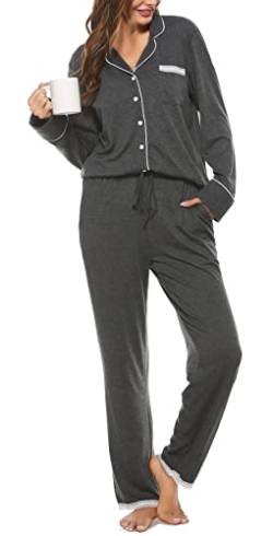 Vlazom Damen Schlafanzug Zweiteiliger Damen Pyjama mit Knopfleiste V-Ausschnitt Pyjama Set für Frauen Umlegekragen Lange Hose mit Gummibund Zweiteiliger Sleepwear(S,Dunkelgrau) von Vlazom