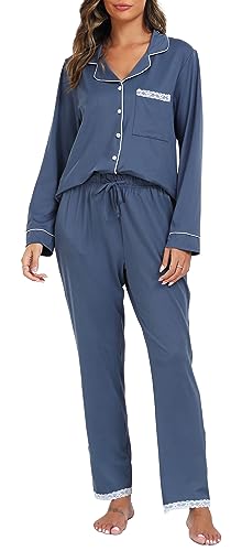 Vlazom Damen Schlafanzug Zweiteiliger Damen Pyjama mit Knopfleiste V-Ausschnitt Pyjama Set für Frauen Umlegekragen Lange Hose mit Gummibund Zweiteiliger Sleepwear(XL,Dunstblau) von Vlazom