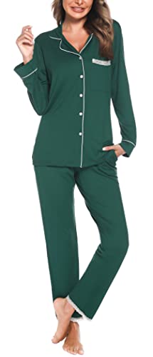 Vlazom Damen Schlafanzug Zweiteiliger Damen Pyjama mit Knopfleiste V-Ausschnitt Pyjama Set für Frauen Umlegekragen Lange Hose mit Gummibund Zweiteiliger Sleepwear(XL,Grün) von Vlazom