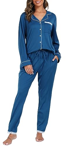 Vlazom Damen Schlafanzug Zweiteiliger Damen Pyjama mit Knopfleiste V-Ausschnitt Pyjama Set für Frauen Umlegekragen Lange Hose mit Gummibund Zweiteiliger Sleepwear(XL,Kobaltblau) von Vlazom