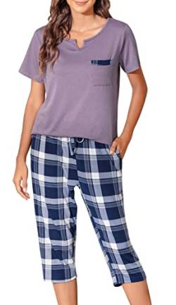Vlazom Damen Schlafanzug kariert Pyjama Set V-Ausschnitt mit Brusttasche zweiteiliges Kurzarmhemd mit 3/4 Hose(S,Stil B-Grau) von Vlazom