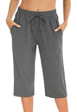 Vlazom Damen Schlafanzughose Baumwolle Pyjamahose Nachtwäsche Kurz Freizeit Hose mit Taschen und Kordelzug(L,Stil A-Grau) von Vlazom