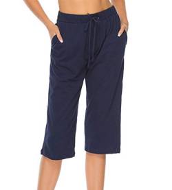 Vlazom Damen Schlafanzughose Baumwolle Pyjamahose Nachtwäsche Kurz Freizeit Hose mit Taschen und Kordelzug(L,Stil A-Marineblau) von Vlazom