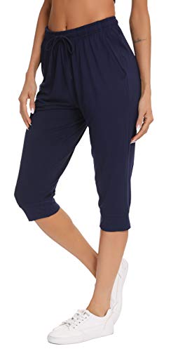 Vlazom Damen Schlafanzughose Baumwolle Pyjamahose Nachtwäsche Kurz Freizeit Hose mit Taschen und Kordelzug(XL,Stil B-Marineblau) von Vlazom