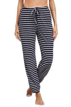 Vlazom Damen Schlafanzughose Lang Baumwolle Gestreifte Weich Pyjamahose Freizeithose Jogginghose Sporthose（XXL，Marineblau） von Vlazom