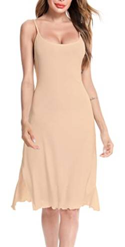 Vlazom Damen Unterkleid mit Trägern Unterröcke Sexy Negligee Full Slip Miederkleider Nachthemd Nachtwäsche(L,Stil B-Beige) von Vlazom