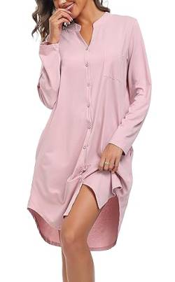 Vlazom Damen V-Ausschnitt Nachthemd Langarm Baumwoll Schlafhemd Winter Schlafkleid mit Knöpfe und Seitentaschen（L,Rosa） von Vlazom