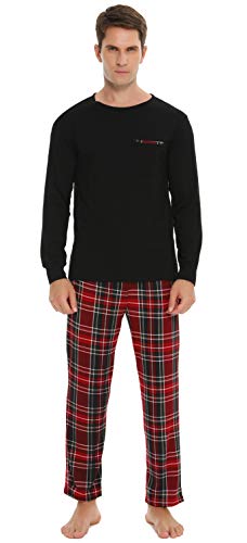 Vlazom Herren Pyjama Set Lang Zweiteiliger Schlafanzug Herren Kariert Flanell Hose und einfärbiger T-Shirt（L,Stil D-Schwarz） von Vlazom