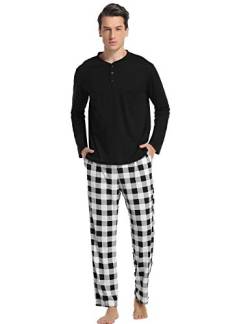 Vlazom Herren Pyjama Set Lang Zweiteiliger Schlafanzug Herren Kariert Flanell Hose und einfärbiger T-Shirt(M,Stil A-Schwarz Top+Schwarz Karierte Hose) von Vlazom