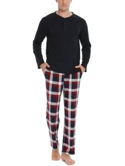 Vlazom Herren Pyjama Set Lang Zweiteiliger Schlafanzug Herren Kariert Flanell Hose und einfärbiger T-Shirt(M,Stil B-Dunkelblau Top+Dunkelblau Karierte Hose) von Vlazom