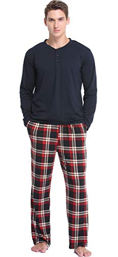 Vlazom Herren Pyjama Set Lang Zweiteiliger Schlafanzug Herren Kariert Flanell Hose und einfärbiger T-Shirt(M,Stil B-Dunkelblau Top+Rot Karierte Hose) von Vlazom