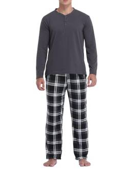 Vlazom Herren Pyjama Set Lang Zweiteiliger Schlafanzug Herren Kariert Flanell Hose und einfärbiger T-Shirt(M,Stil B-Metallisch Grau Top+Schwarz Karierte Hose) von Vlazom