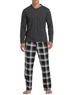 Vlazom Herren Pyjama Set Lang Zweiteiliger Schlafanzug Herren Kariert Flanell Hose und einfärbiger T-Shirt(S,Stil B-Dunkelgrau Top+Schwarz Karierte Hose) von Vlazom