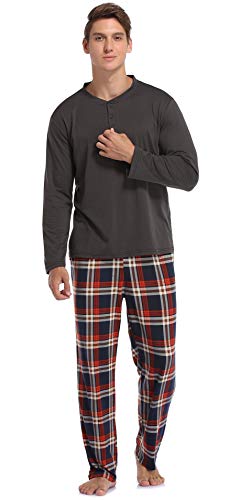 Vlazom Herren Pyjama Set Lang Zweiteiliger Schlafanzug Herren Kariert Flanell Hose und einfärbiger T-Shirt(S,Stil B-Hellbraun Top+Dunkelblau Karierte Hose) von Vlazom