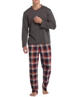 Vlazom Herren Pyjama Set Lang Zweiteiliger Schlafanzug Herren Kariert Flanell Hose und einfärbiger T-Shirt(XL,Stil B-Hellbraun Top+Dunkelblau Karierte Hose) von Vlazom