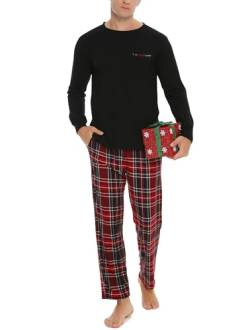 Vlazom Herren Pyjama Set Lang Zweiteiliger Schlafanzug Herren Kariert Flanell Hose und einfärbiger T-Shirt（XL,Stil D-Schwarz） von Vlazom