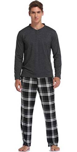 Vlazom Herren Pyjama Set Lang Zweiteiliger Schlafanzug Herren Kariert Flanell Hose und einfärbiger T-Shirt(XXL,Stil B-Dunkelgrau Top+Schwarz Karierte Hose) von Vlazom