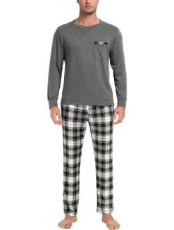 Vlazom Herren Pyjama Set Lang Zweiteiliger Schlafanzug Herren Kariert Flanell Hose und einfärbiger T-Shirt（XXL,Stil D-Dunkel geblümtes Grau） von Vlazom