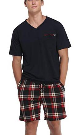 Vlazom Herren Sommer Schlafanzug Kurz Pyjama Set Baumwolle Zweiteiliger Hausanzug Kurzarm Freizeitanzug mit Brusttasche(L,Stil A-Dunkelblau) von Vlazom