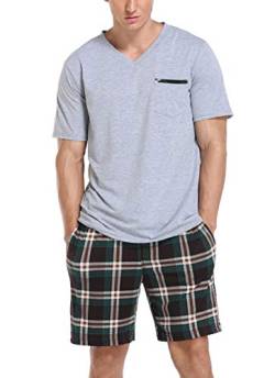 Vlazom Herren Sommer Schlafanzug Kurz Pyjama Set Baumwolle Zweiteiliger Hausanzug Kurzarm Freizeitanzug mit Brusttasche(XXL,Stil A-Hellgrau) von Vlazom