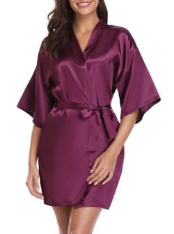 Vlazom Kimono Robe Damen Morgenmantel Kurzer Satin Bademantel Mit Gürtel V-Ausschnitt Kimono(XL,Violett) von Vlazom