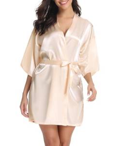 Vlazom Kimono Robe Damen Morgenmantel Kurzer Satin Bademantel Mit Gürtel V-Ausschnitt Kimono(XXL,Champagner) von Vlazom