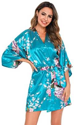 Vlazom Kimono Satin Robe Morgenmantel Kurz V-Ausschnitt Bademantel mit Gürtel Kimono Robe für Damen(L,Seeblau) von Vlazom