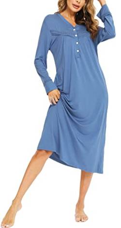 Vlazom Langarm Nachthemd Schlafkleid V-Ausschcnitt Weich Umstandskleid Stillnachthemd(L,Stil A-Kobaltblau) von Vlazom