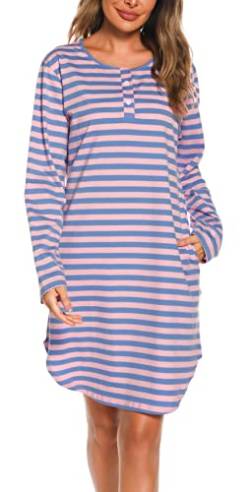 Vlazom Langarm Nachthemd Stillnachthemd mit Knöpfe Baumwolle Streifen Schlafhemd Damen Nachtkleid(S,rosa+blau) von Vlazom