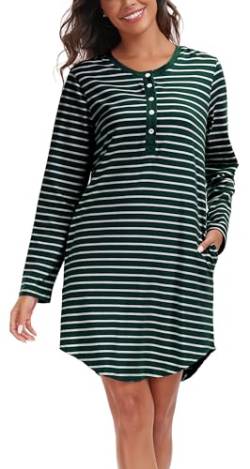 Vlazom Langarm Nachthemd V-Ausschnitt Schlafkleid Baumwolle Streifen Schlafhemd mit Knöpfe und Taschen(S,Dunkelgrün) von Vlazom
