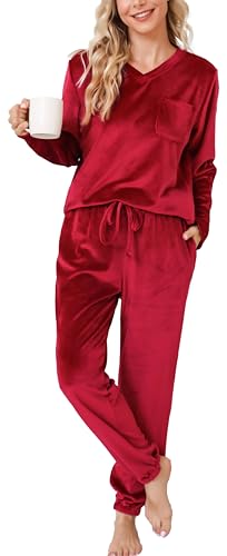 Vlazom Langarm Schlafanzug Flanell Pyjama Set Winter Hausanzug Lang Zweiteiliger Schlafanzug(XXL,Weinrot) von Vlazom