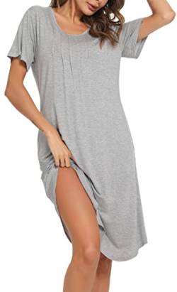 Vlazom Nachthemd Damen Kurzarm Nachtkleid 100% Modal Schlafhemd mit Taschen Rundausschnitt knielanges Nachthemd für Frauen(L,Hellgrau) von Vlazom