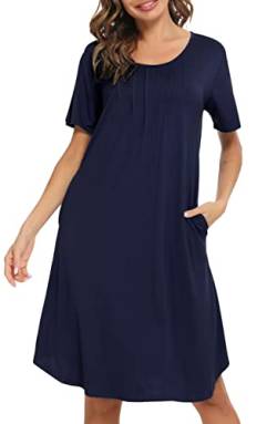 Vlazom Nachthemd Damen Kurzarm Nachtkleid 100% Modal Schlafhemd mit Taschen Rundausschnitt knielanges Nachthemd für Frauen(M,Marineblau) von Vlazom