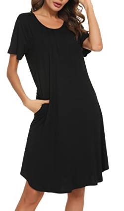 Vlazom Nachthemd Damen Kurzarm Nachtkleid 100% Modal Schlafhemd mit Taschen Rundausschnitt knielanges Nachthemd für Frauen(M,Schwarz) von Vlazom
