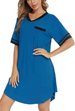 Vlazom Nachthemd Damen Kurzarm Nachtwäsche Weich Nachtkleid Große Größen Schlafshirt Sommer Sleepshirt(M,Blau) von Vlazom