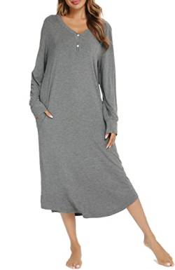 Vlazom Nachthemd Damen Langarm Schlafkleid V-Ausschcnitt Weich Umstandskleid Stillnachthemd Sleepshirt mit Taschen(L,Stil B-grau) von Vlazom