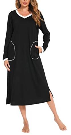 Vlazom Nachthemd Damen Langarm Schlafkleid V-Ausschcnitt Weich Umstandskleid Stillnachthemd Sleepshirt mit Taschen(L,Stil C-Schwarz) von Vlazom